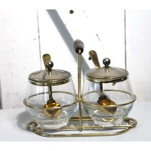 Mid Century Condiment Set Wire Rack Libby Glass Lid/Spoons, Jam, Relish Sauces
